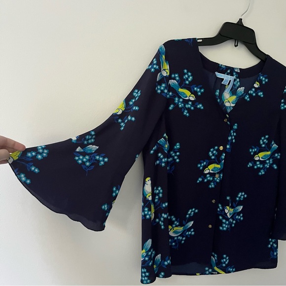 Draper James Blue Magnolia Mockingbird Bird Floral Bell Sleeve Blouse 10 - Picture 2 of 7